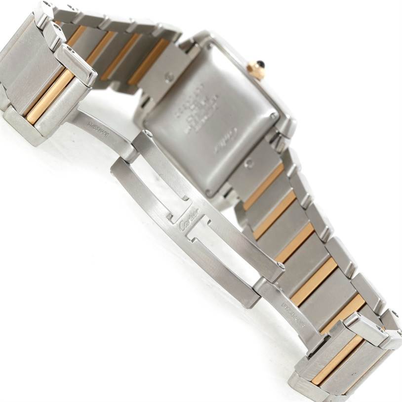This image shows the back of the Cartier Tank Francaise W51005Q4 Steel and Gold (two tone) Silver Dial W51005Q4 Steel and Gold (two tone) Silver Dial watch, highlighting the stainless steel and gold-tone bracelet and deployment clasp.