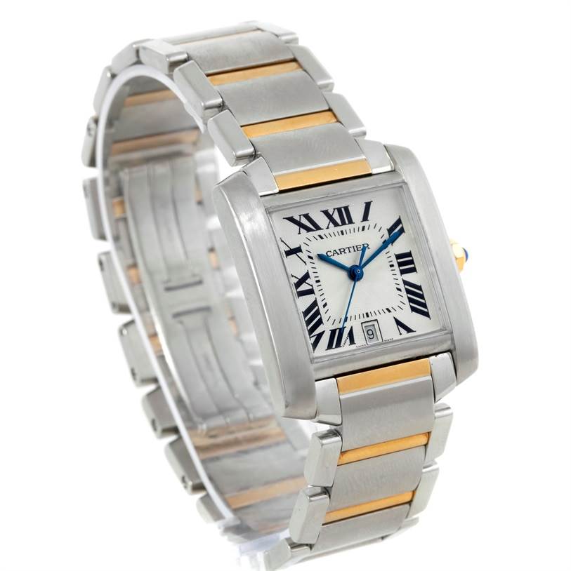 The Cartier Tank Francaise W51005Q4 Steel and Gold (two tone) Silver Dial W51005Q4 Steel and Gold (two tone) Silver Dial watch is shown at a front angle, displaying its face, bezel, and metal bracelet.