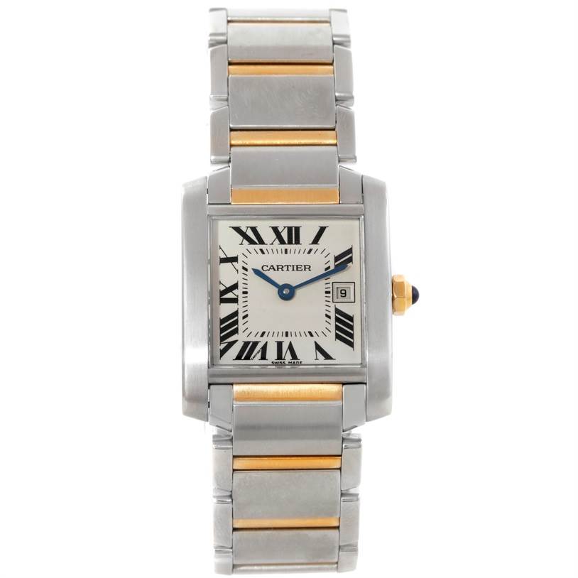 This image shows a Cartier Tank Francaise W51012Q4 Women's Steel and Gold (two tone) Silver Dial W51012Q4 Women's Steel and Gold (two tone) Silver Dial watch from a front angle, displaying its dial and bracelet.