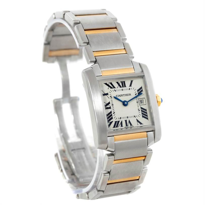 The image shows a Cartier Tank Francaise W51012Q4 Women's Steel and Gold (two tone) Silver Dial W51012Q4 Women's Steel and Gold (two tone) Silver Dial watch at an angle highlighting its rectangular face, Roman numerals, and two-tone metal bracelet.