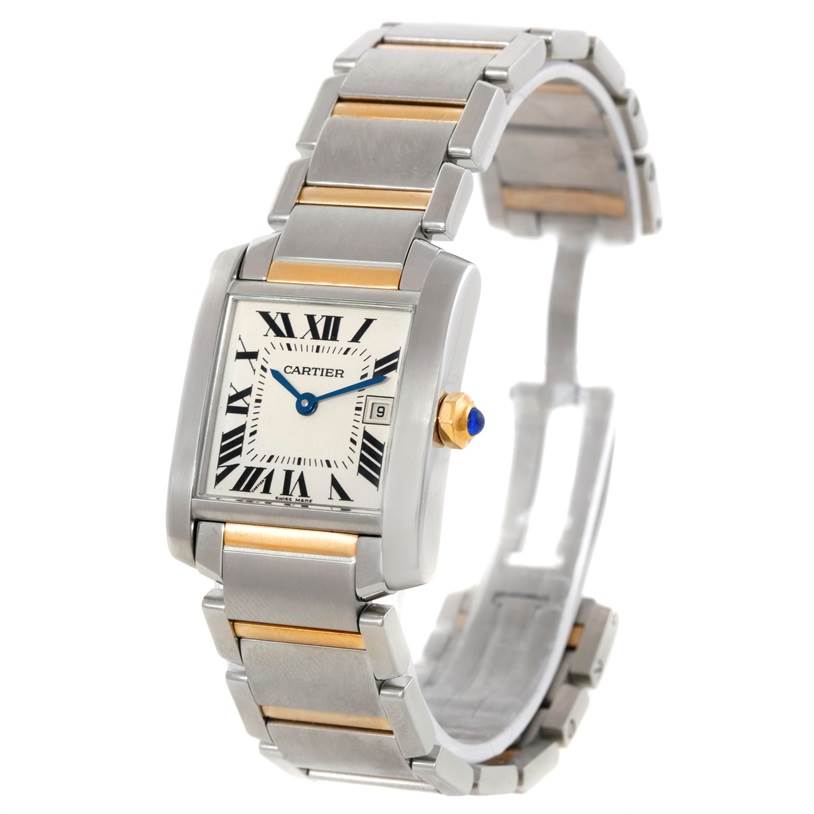 The Cartier Tank Française watch is shown at a three-quarter angle, highlighting its face, bracelet, and crown.