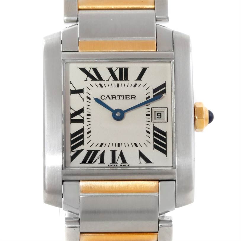 The image shows a front view of the Cartier Tank Française watch, displaying the dial, case, and part of the bracelet.