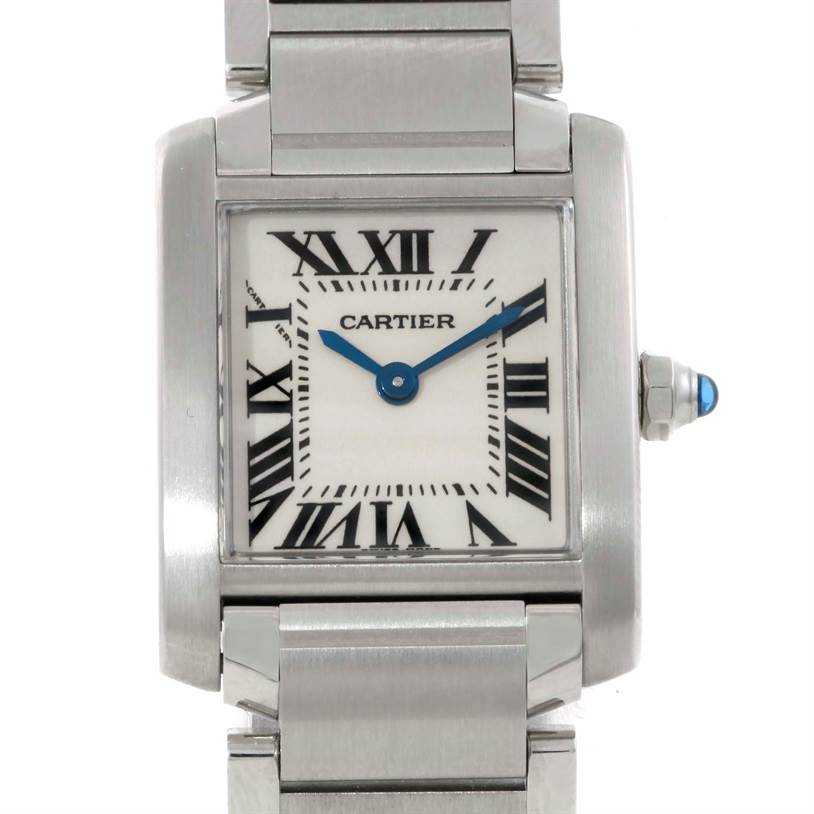 This image shows a frontal view of the Cartier Tank Francaise W51008Q3 Women's Stainless Steel Silver Dial W51008Q3 Women's Stainless Steel Silver Dial watch, highlighting the face, bezel, and part of the bracelet.