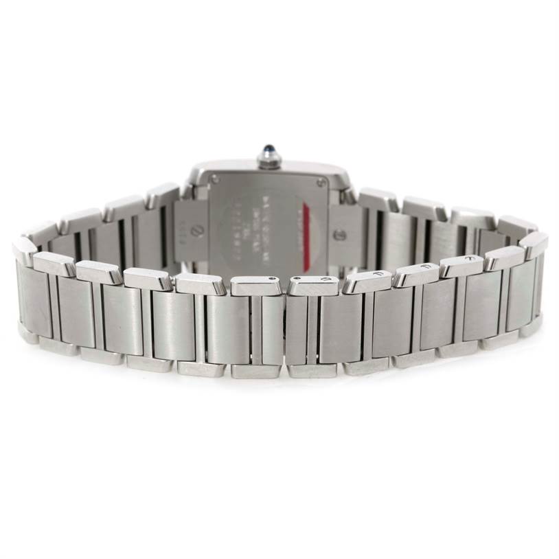 This image shows the back view of the Cartier Tank Francaise W51008Q3 Women's Stainless Steel Silver Dial W51008Q3 Women's Stainless Steel Silver Dial watch, focusing on its stainless steel bracelet and case back.