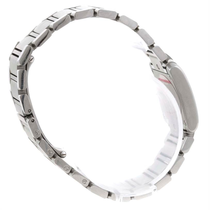The image shows a side view of a Cartier Tank Française watch, highlighting its bracelet and clasp.