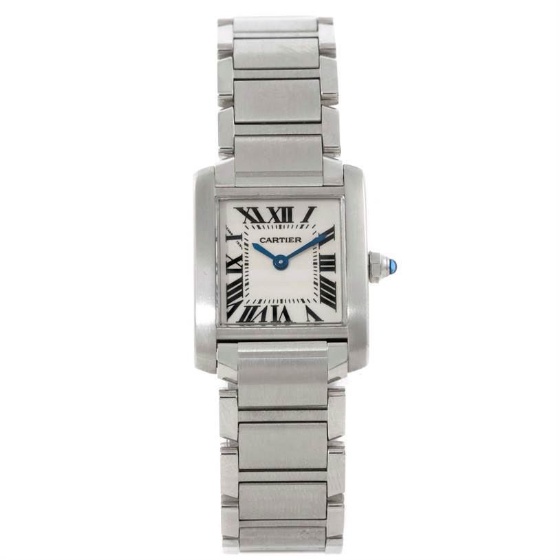 The image shows a front view of a Cartier Tank Francaise W51008Q3 Women's Stainless Steel Silver Dial W51008Q3 Women's Stainless Steel Silver Dial watch, highlighting its face, hands, bezel, and bracelet.