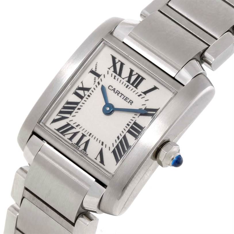 The image shows a Cartier Tank Francaise W51008Q3 Women's Stainless Steel Silver Dial W51008Q3 Women's Stainless Steel Silver Dial watch at a slight angle, highlighting the face, crown, and part of the metal bracelet.