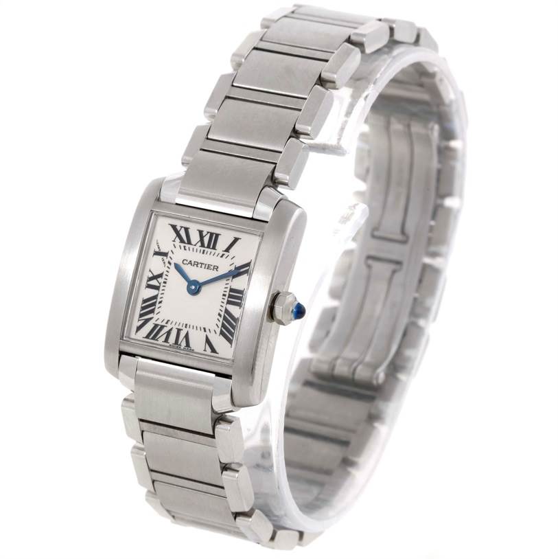 The image shows a Cartier Tank Française watch angled to display the bracelet and rectangular face with Roman numerals.