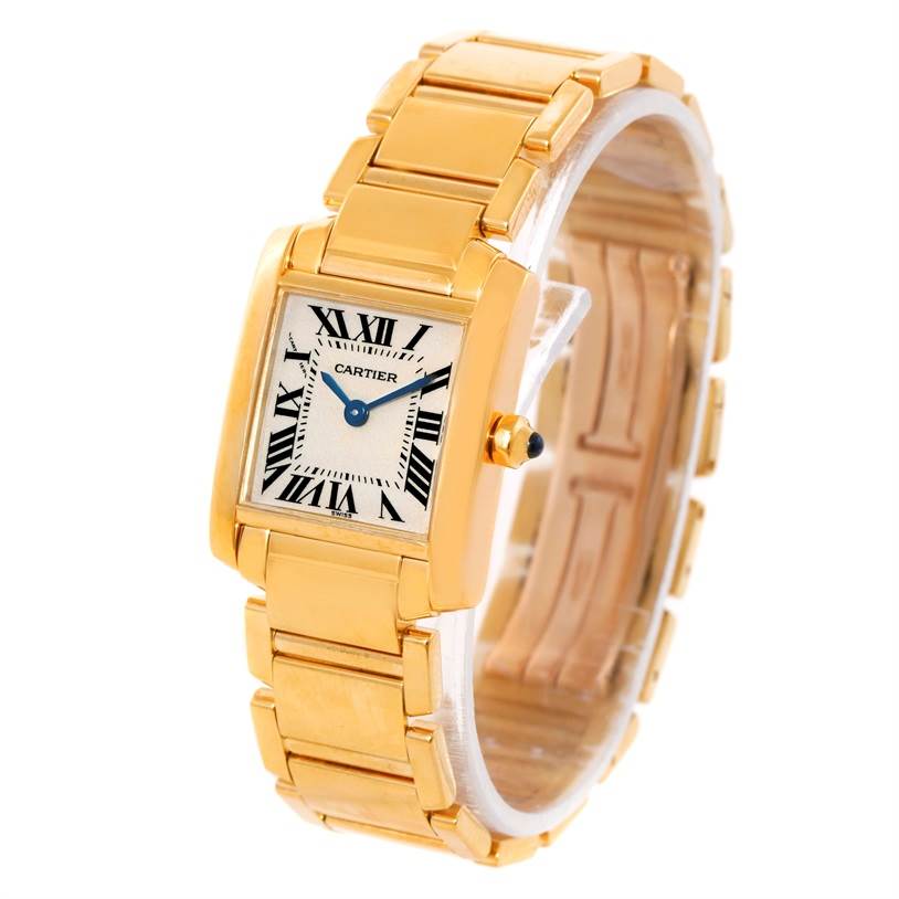 The image shows a front angled view of a Cartier Tank Française watch, displaying its gold rectangular case and linked bracelet.