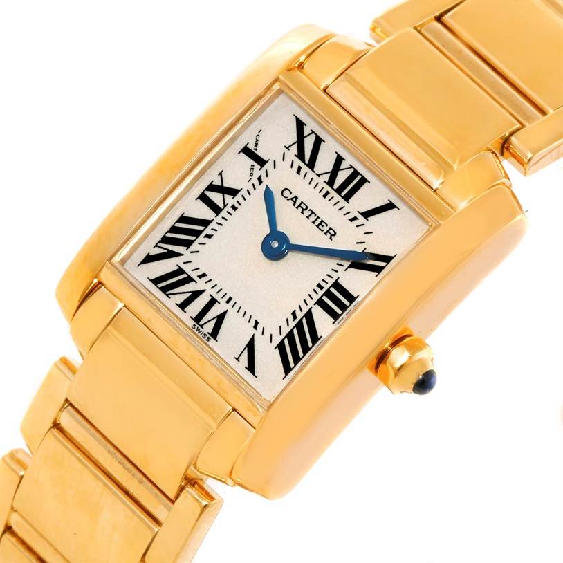 The image shows a close-up of the Cartier Tank Francaise W50002N2 Women's Yellow Gold Silver Dial W50002N2 Women's Yellow Gold Silver Dial watch face and bracelet at a slight angle.