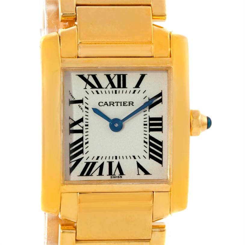 The Tank Francaise by Cartier is shown from a front angle, featuring its face, dial, and partial bracelet.