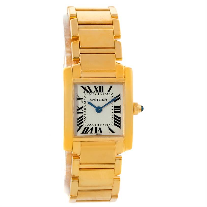 The Cartier Tank Francaise W50002N2 Women's Yellow Gold Silver Dial W50002N2 Women's Yellow Gold Silver Dial watch is shown from a frontal perspective, displaying its rectangular face, Roman numerals, and bracelet.