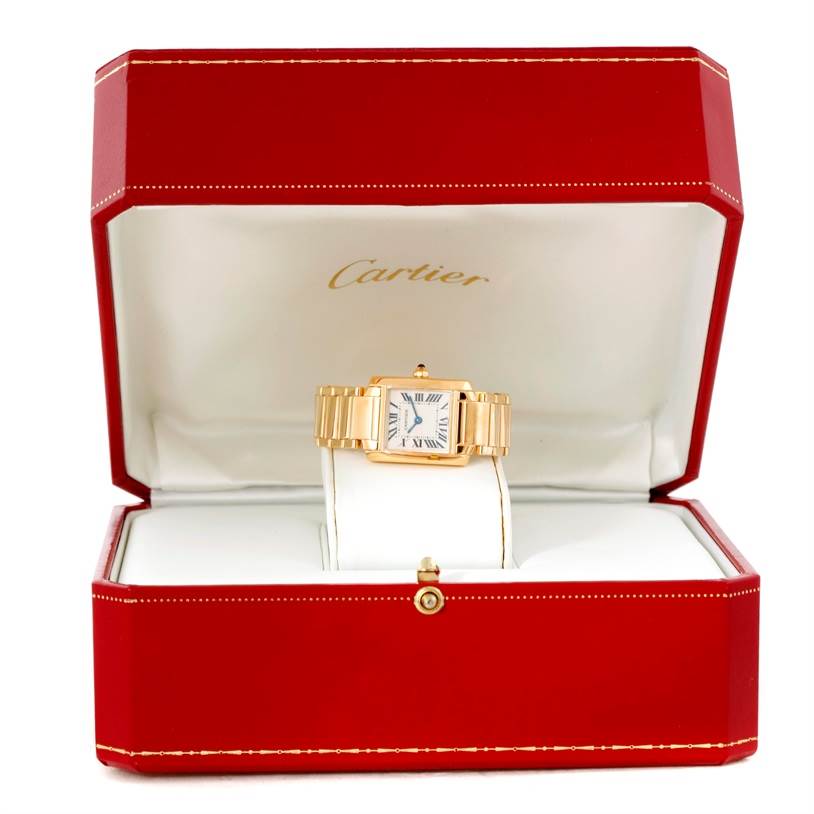 The Cartier Tank Francaise W50002N2 Women's Yellow Gold Silver Dial W50002N2 Women's Yellow Gold Silver Dial watch is shown front-facing inside an open red jewelry box.