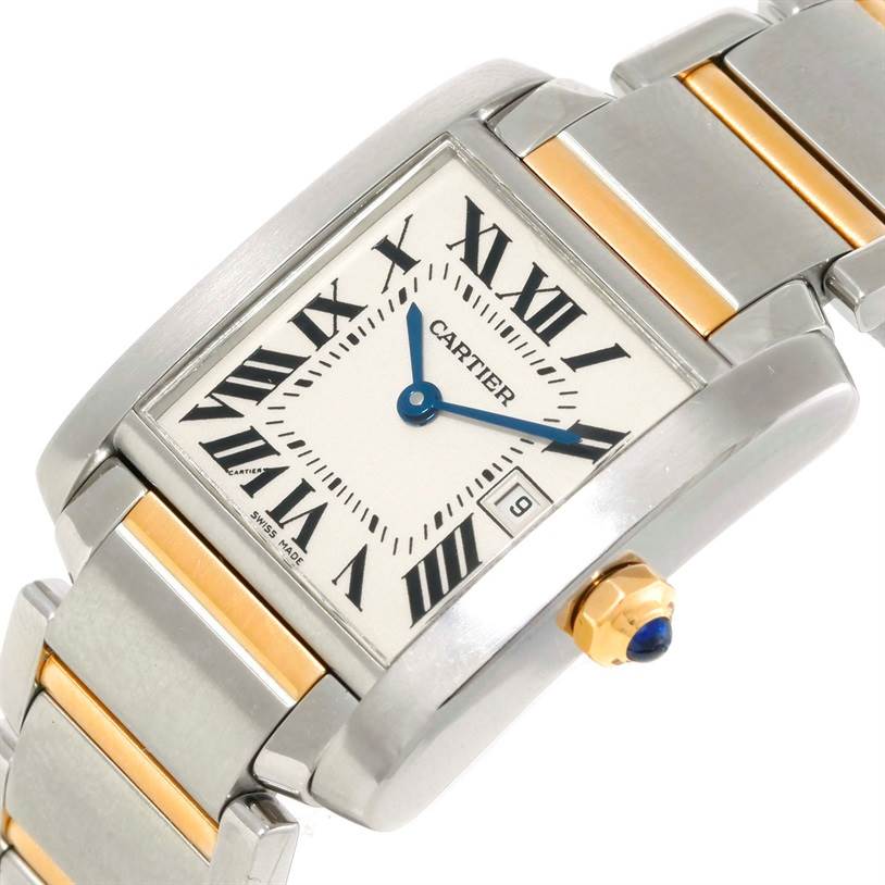 The image shows a Cartier Tank Francaise W51012Q4 Women's Steel and Gold (two tone) Silver Dial W51012Q4 Women's Steel and Gold (two tone) Silver Dial watch at an angled view, highlighting the face, bezel, crown, and part of the bracelet.