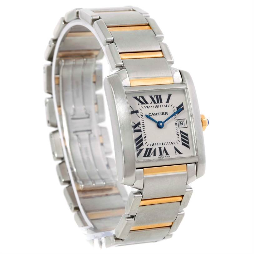 This image shows a Cartier Tank Française watch at a slight angle, highlighting its dial, bracelet, and clasp.