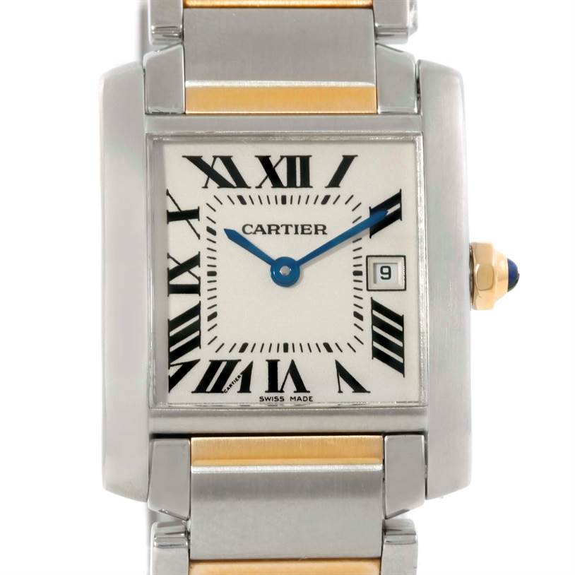 The image shows a front view of a Cartier Tank Francaise W51012Q4 Women's Steel and Gold (two tone) Silver Dial W51012Q4 Women's Steel and Gold (two tone) Silver Dial watch, highlighting its square face, Roman numerals, and metal bracelet.