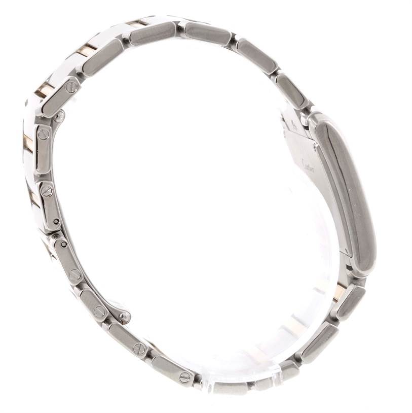 The image shows a side profile of a Cartier Tank Française watch, highlighting the bracelet and case.