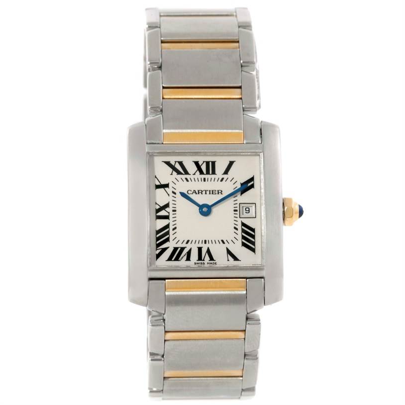 The image shows a front view of a Cartier Tank Francaise W51012Q4 Women's Steel and Gold (two tone) Silver Dial W51012Q4 Women's Steel and Gold (two tone) Silver Dial watch featuring its dial, case, and metal bracelet.