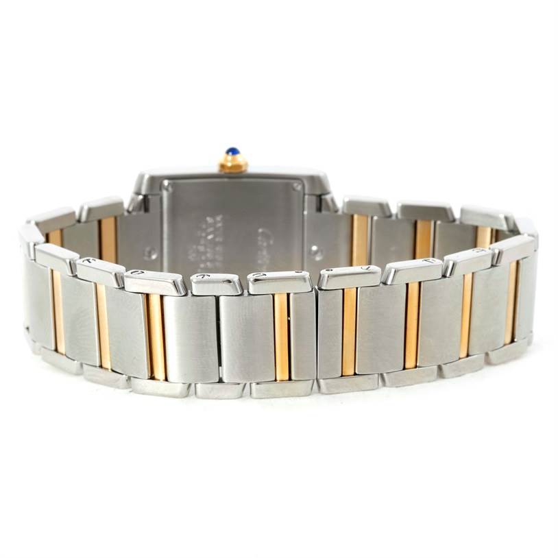This image shows the back view of a Cartier Tank Francaise W51012Q4 Women's Steel and Gold (two tone) Silver Dial W51012Q4 Women's Steel and Gold (two tone) Silver Dial watch, highlighting the two-tone metal bracelet.
