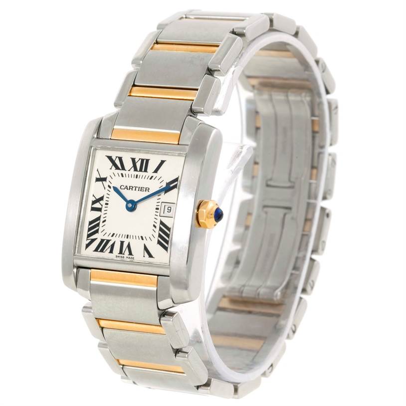 This image shows a front and side angle of a Cartier Tank Francaise W51012Q4 Women's Steel and Gold (two tone) Silver Dial W51012Q4 Women's Steel and Gold (two tone) Silver Dial watch, highlighting its dial, bezel, and two-tone bracelet.