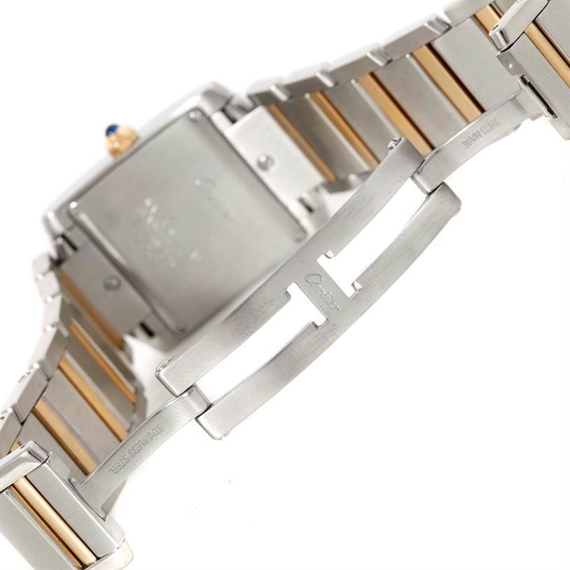 The image shows the back and bracelet clasp of the Cartier Tank Francaise W51012Q4 Women's Steel and Gold (two tone) Silver Dial W51012Q4 Women's Steel and Gold (two tone) Silver Dial watch from a diagonal angle.