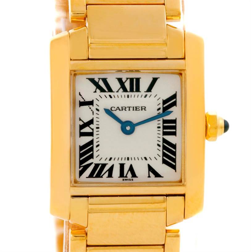The image shows a front view of the Cartier Tank Francaise W50002N2 Women's Yellow Gold Silver Dial W50002N2 Women's Yellow Gold Silver Dial watch, highlighting the dial, case, and part of the bracelet.