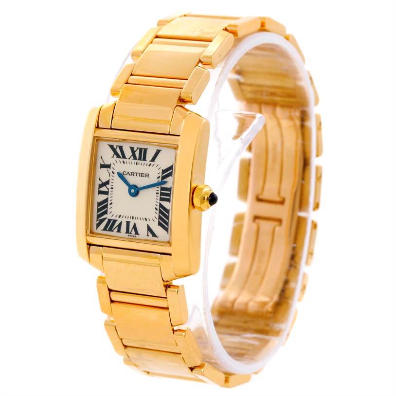 The Cartier Tank Francaise W50002N2 Women's Yellow Gold Silver Dial W50002N2 Women's Yellow Gold Silver Dial watch is shown at a slightly angled side view, highlighting its gold bracelet, rectangular case, and dial.