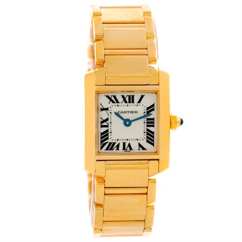 The Tank Francaise by Cartier is shown from a front angle highlighting the face, bracelet, and crown.