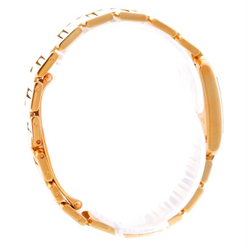 The image shows a Cartier Tank Française watch viewed from the side, highlighting its bracelet and case.