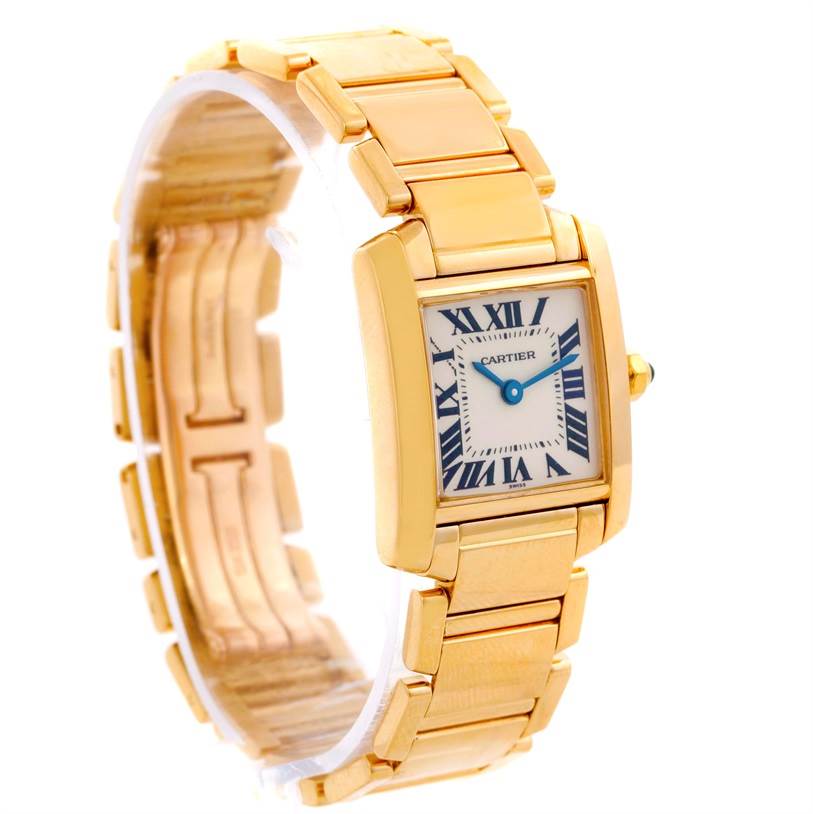 The Cartier Tank Francaise W50002N2 Women's Yellow Gold Silver Dial W50002N2 Women's Yellow Gold Silver Dial model is shown at a slight angle, highlighting the watch face, bracelet, and crown.