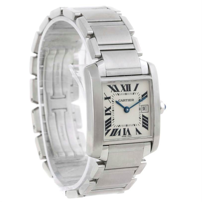 The image shows the Cartier Tank Francaise W51011Q3 Women's Stainless Steel Silver Dial W51011Q3 Women's Stainless Steel Silver Dial watch from a front-left angle, highlighting the dial, bracelet, and clasp.