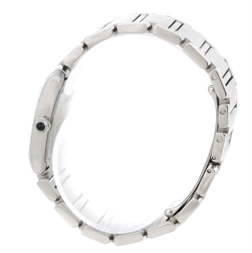 The image shows a side view of the Tank Francaise watch by Cartier, focusing on the bracelet and case, along with the crown.