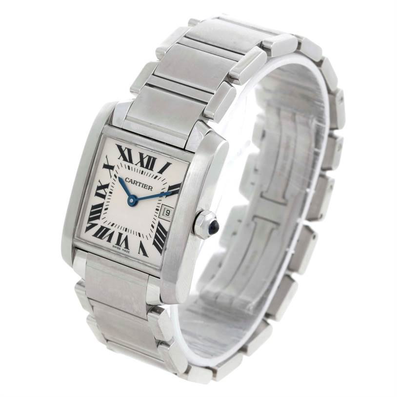 This image shows a Cartier Tank Francaise W51011Q3 Women's Stainless Steel Silver Dial W51011Q3 Women's Stainless Steel Silver Dial watch at a slight angle, displaying the face, bezel, crown, and bracelet.