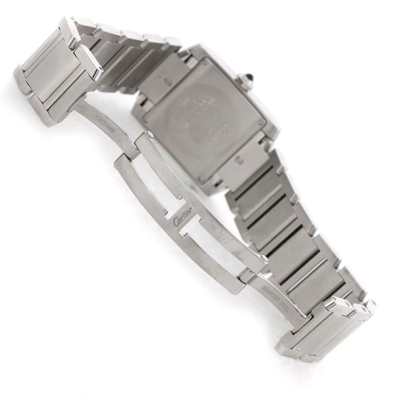 The image shows the back view of the Cartier Tank Francaise W51011Q3 Women's Stainless Steel Silver Dial W51011Q3 Women's Stainless Steel Silver Dial watch, focusing on the stainless steel bracelet and clasp.