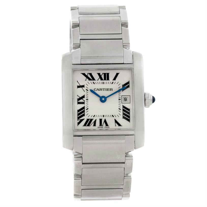 This is a front view of the Cartier Tank Française watch, showing the face, Roman numerals, blue hands, and stainless steel bracelet.