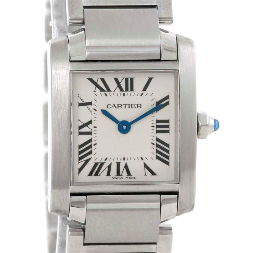 This is a front view of the Cartier Tank Francaise W51008Q3 Women's Stainless Steel Silver Dial W51008Q3 Women's Stainless Steel Silver Dial watch showing its face, bracelet, and crown.