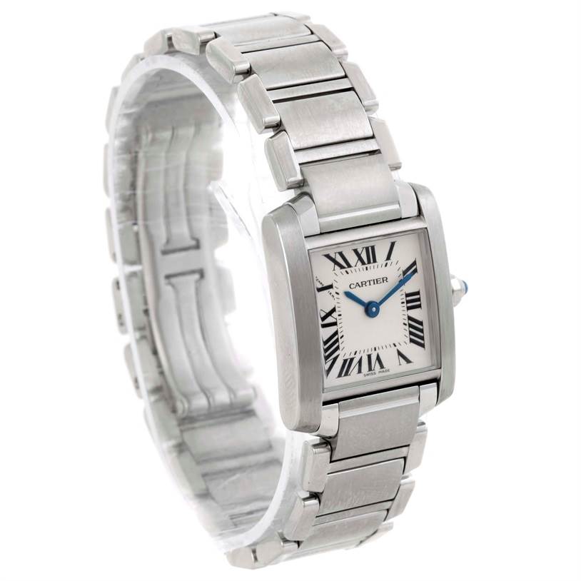 The image shows a Cartier Tank Francaise W51008Q3 Women's Stainless Steel Silver Dial W51008Q3 Women's Stainless Steel Silver Dial watch angled slightly from the front, highlighting the bracelet, rectangular dial, and blue hands.