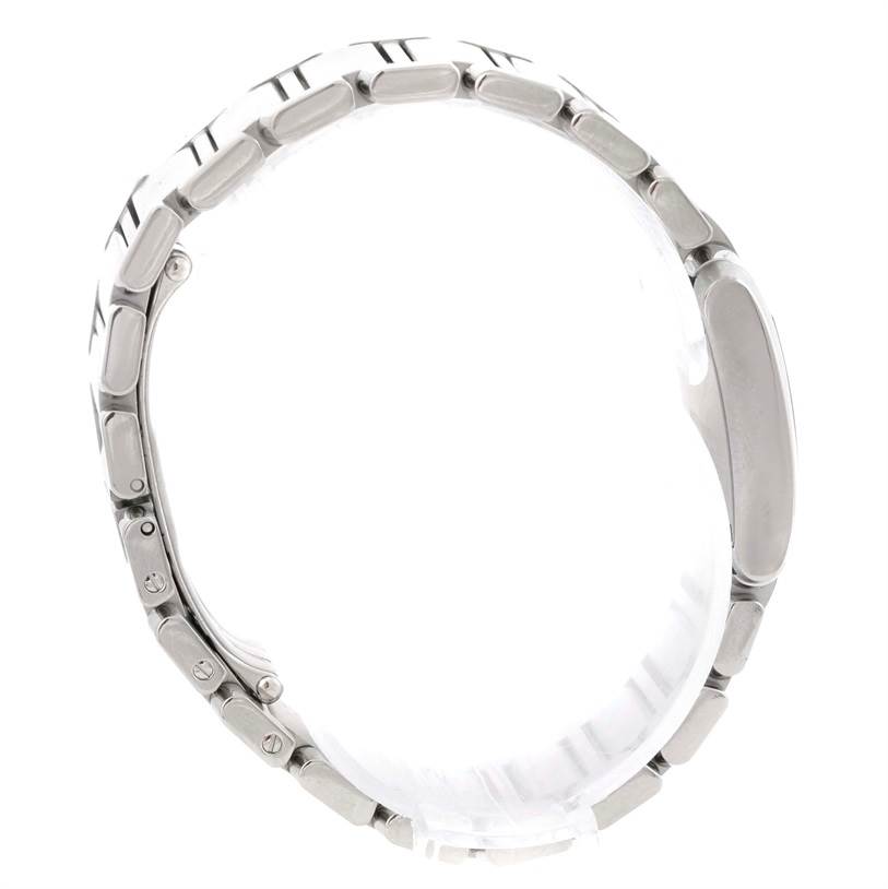 This side view of the Cartier Tank Francaise W51008Q3 Women's Stainless Steel Silver Dial W51008Q3 Women's Stainless Steel Silver Dial watch showcases the bracelet and clasp mechanism.