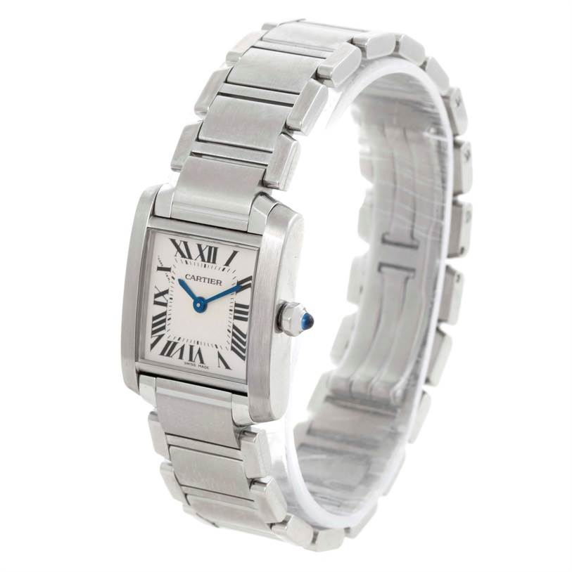 This image shows a Cartier Tank Française watch at a three-quarter angle, displaying the face, crown, and stainless steel bracelet.