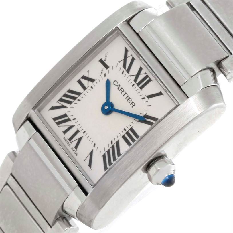 The image shows the face and bracelet of a Cartier Tank Française watch at an angled close-up view.