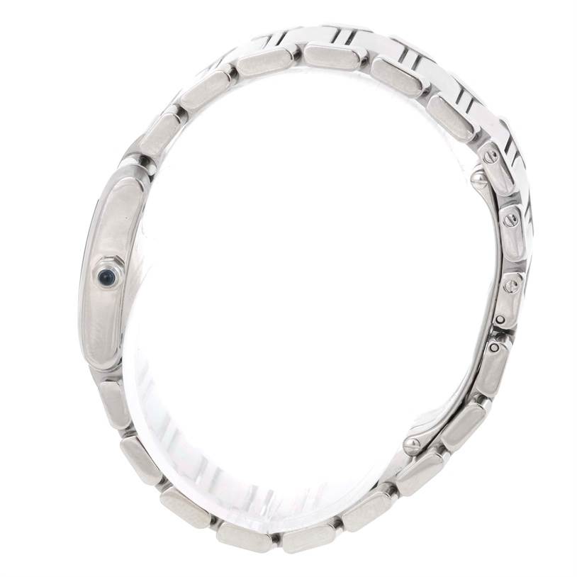 The image shows a side profile view of the Tank Française model by Cartier, highlighting its stainless steel bracelet and crown.