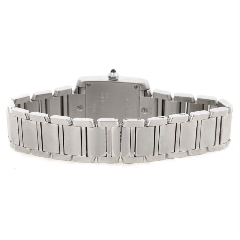 This image shows the back view of the Cartier Tank Francaise W51008Q3 Women's Stainless Steel Silver Dial W51008Q3 Women's Stainless Steel Silver Dial watch, focusing on its metal bracelet and case back.