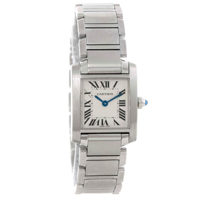 This image shows a front view of the Cartier Tank Francaise W51008Q3 Women's Stainless Steel Silver Dial W51008Q3 Women's Stainless Steel Silver Dial watch, highlighting the face, hands, bracelet, and crown.