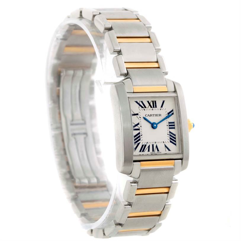 The image shows a front angle of the Cartier Tank Francaise W51007Q4 Women's Steel and Gold (two tone) Silver Dial W51007Q4 Women's Steel and Gold (two tone) Silver Dial watch, highlighting its square face and metal bracelet.
