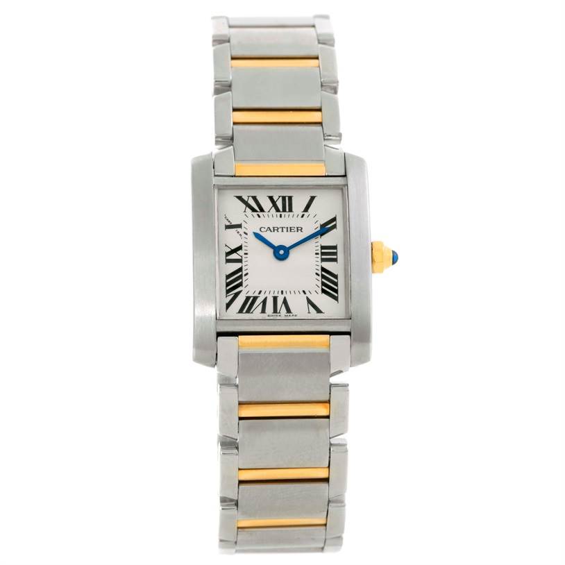 The image shows a full view of a Cartier Tank Francaise W51007Q4 Women's Steel and Gold (two tone) Silver Dial W51007Q4 Women's Steel and Gold (two tone) Silver Dial watch, showcasing its rectangular face and metal bracelet with gold accents.