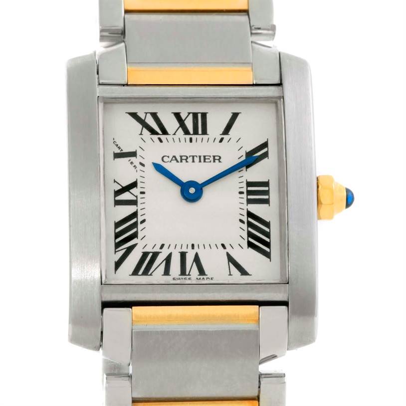 The image shows a Cartier Tank Francaise W51007Q4 Women's Steel and Gold (two tone) Silver Dial W51007Q4 Women's Steel and Gold (two tone) Silver Dial watch from a front angle, highlighting its face, Roman numerals, and part of the steel and gold bracelet.