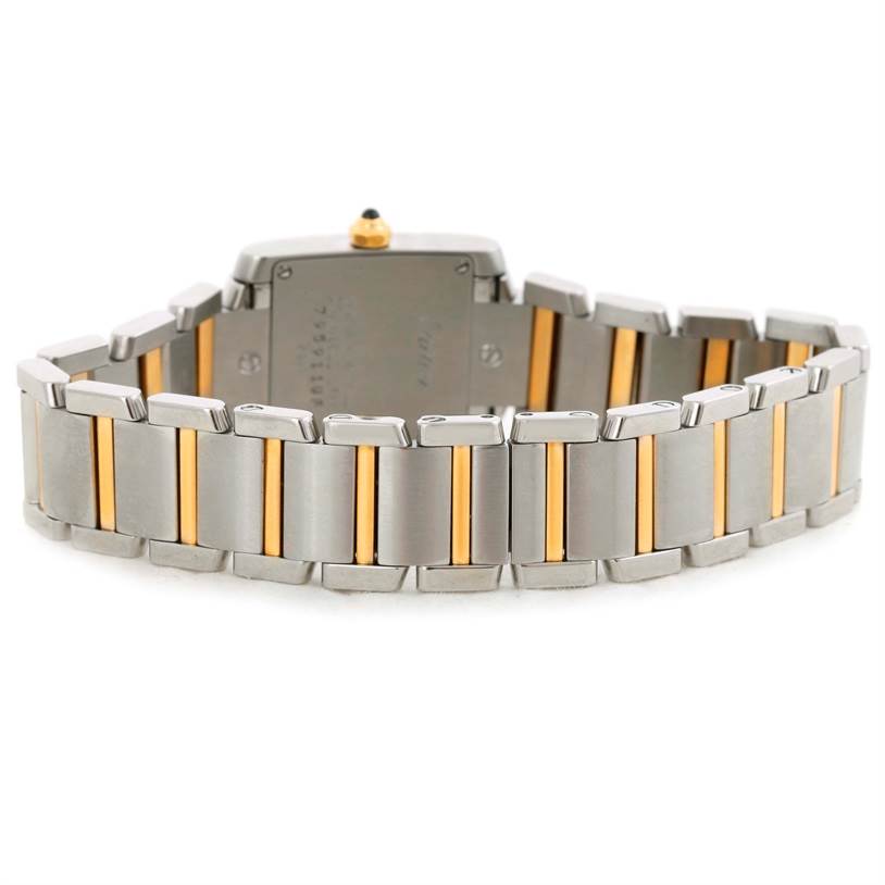The image shows the back view of the Cartier Tank Francaise W51007Q4 Women's Steel and Gold (two tone) Silver Dial W51007Q4 Women's Steel and Gold (two tone) Silver Dial watch, focusing on the stainless steel and gold bracelet.