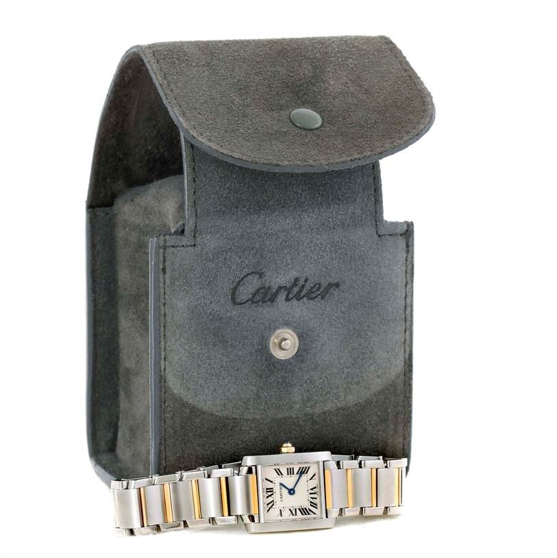 The Cartier Tank Francaise W51007Q4 Women's Steel and Gold (two tone) Silver Dial W51007Q4 Women's Steel and Gold (two tone) Silver Dial watch is shown front-facing with its case, displaying the strap and watch face.