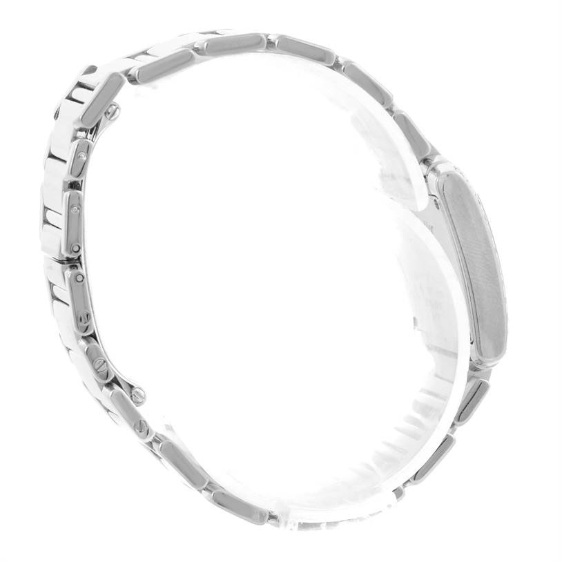 The image shows a side view of the bracelet and clasp of a Tank Francaise watch by Cartier.