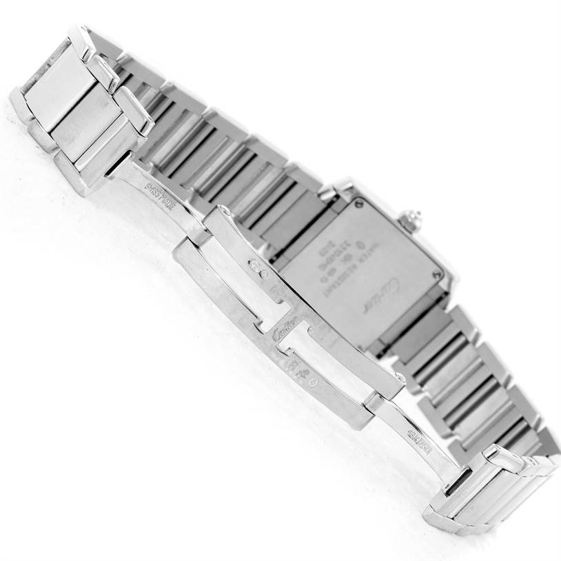 The image shows the back and clasp of a Cartier Tank Francaise WE1002S3 Women's White Gold Silver Dial WE1002S3 Women's White Gold Silver Dial watch, with the bracelet fully opened.